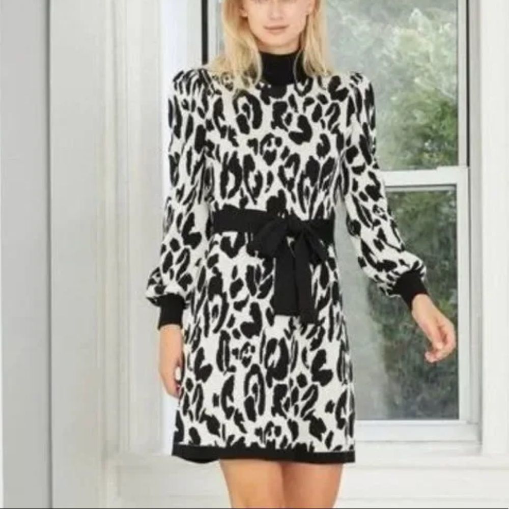 NWT Who What Wear Leopard  Balloon Sleeve Sweater Dress Animal Jacquard XXL